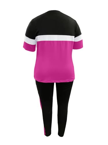 LovelyWholesale Plus Size 2 Piece Outfits for Women Color Block Tracksuit Short Sleeve Top and Pants Set4