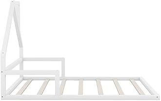 MERITLINE Wood Montessori Bed with House-Shaped Headboard, Full Size Wood Floor Bed with Guardrail for Kids, Boys & Girls, White