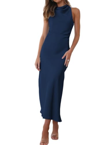 Image of Halfisland Womens Satin High Neck Backless Sleeveless Cocktail Midi Dress