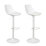LOLAhome Set de 2 Taburetes Altos Cocina Giratorios en 360°, Juego de Sillas de Bar Regulables en Altura de 83 a 104 cm, con Respaldo,Material Polipiel, Estructura Metal Blanca y Reposapiés, Blancos