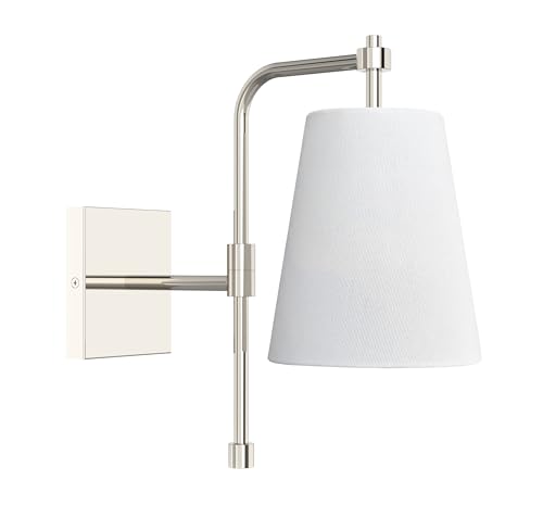 Image of 1-Light Wall Sconce, Polished Nickel Finish, Fabric Linen Shade, Adjustable Swing Arm, Hardwired Wall Mounted Light Fixture for Bedside, Living Room, Bathroom, Versatile Home Decor