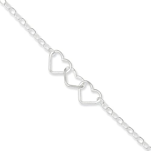 Sterling Silver 3 Hearts Rolo Chain Anklet 9"3