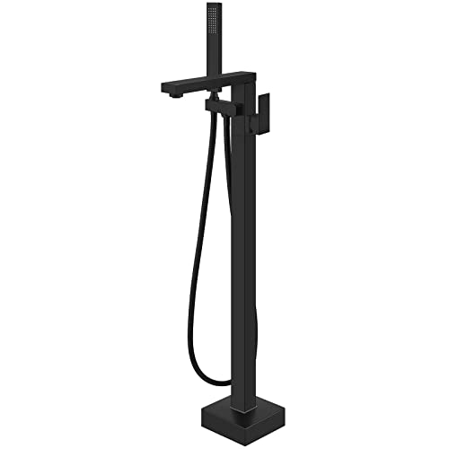 Aolemi Matte Black Freestanding Bathtub Faucet Floor Mount Tub Filler Single Handle Brass Tap with Hand Shower and Swivel Spout