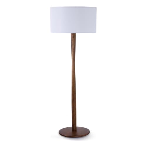 Image of 62 inch Tall Rustic Walnut Wood Floor Lamp with Large Linen Shade, White | Farmhouse Wood Floor Lamp, UL Listed Standing Lamps with Wooden Base for Living Room, Bedroom, Dining Room, Home