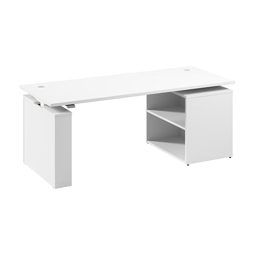 Image of Bush Business Furniture 72-inch Electric Height Adjustable Standing Desk with Bookcase, Ergonomic Sit-Stand Computer Table for Office, Stratus Collection, White with White Base