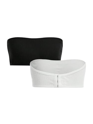 OYOANGLE Girl's 2 Packs Ribbed Knit Strapless Training Bras Padded Wirefree Comfortable Bralette Tube Bras