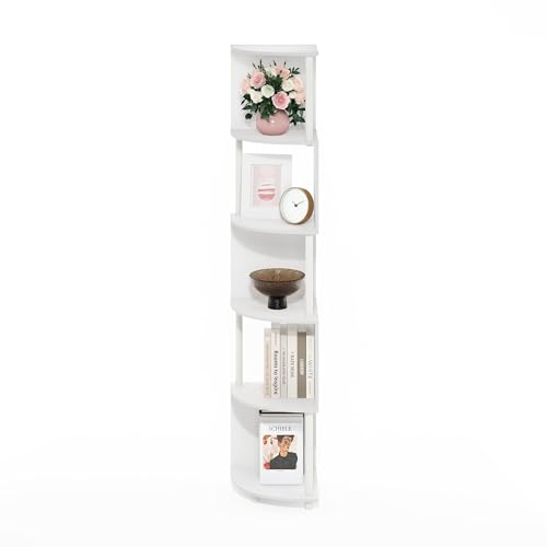 Image of Furinno ECON Corner Shelf, 5-Tier Corner Book Shelf, Zigzag Storage Shelves, Display Rack, Bookshelf, for Organization and Storage, Living Room, Home Office, White