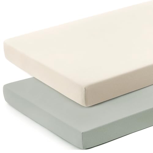 Image of GRSSDER Mini Crib Sheets Fitted, Pack and Play Sheets 2 Pack, Ultra Soft Stretchy Pack N Play Sheets, Universal Fit for Playard Mattress, Jersey Crib Sheets Neutral for Boys and Girls, Beige/Gray
