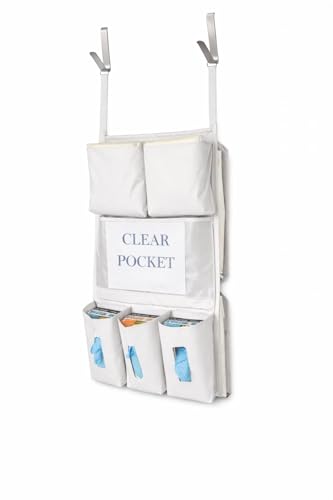 Image of It's Sew EZ PPE Isolation Door Caddy - 8 Pockets - Yellow NFPA-701 Fire Resistant Nylon Oxford with Two Stainless Steel Hooks included (White)