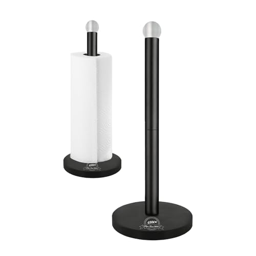 KAVSI Black Paper Towel Holder Countertop Weighted Base Stainless Steel Roll Stand with One-Handed Operation for Kitchen Bathroom