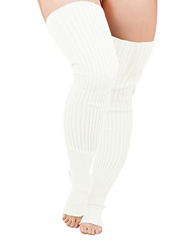 v28 Plus Size Knit Leg Warmer Women Thick Thigh High Boot Extra Long Large Socks(Plus Size- White)