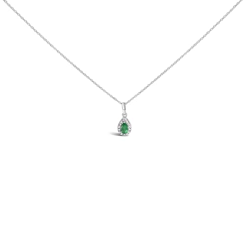 10K White Gold 5x3mm Green Emerald and Diamond Accent Halo Pear Shape 18" Pendant Necklace (I-J Color, I1-I2 Clarity)