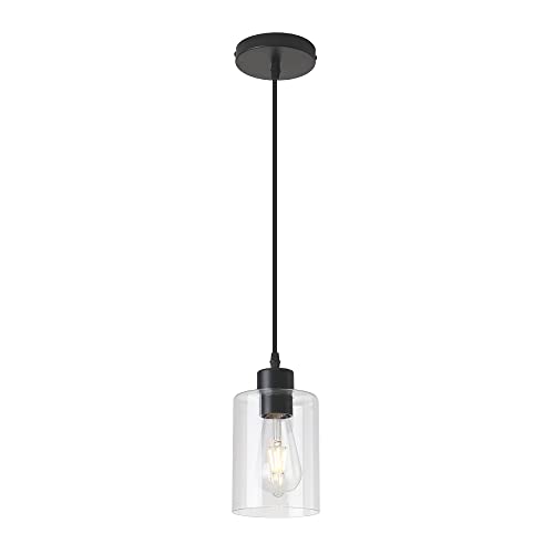 KLSS Modern Black Farmhouse Clear Glass Cylinder Pendant Light Fixture,Island Lights for Kitchen,Mini Pendant Lighting for Kitchen Island Decor - 4.75 Inch Shade, 2-58 Inch Cord(1 Pack)