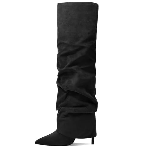 MOTIMODEN Fold Over Boots for Women Slouchy Pointed Toe Stiletto