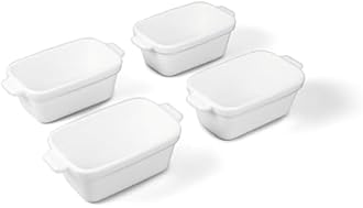Souper Cubes Stoneware - Small Ceramic 5" x 3" Baking Dish with Silicone Covers, Small Baking Dishes for Oven Perfect for Reheating Single Serve Portions, Set of 4 - White
