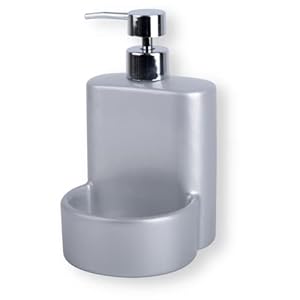 KOOK TIME Afwasmiddeldispenser van mat keramiek, zeepdispenser keuken met opbergruimte voor wasgoed of spons, 10 x 11,5 x 18 cm. Compacte en elegante spoelbakorganizer (grijs zilver)