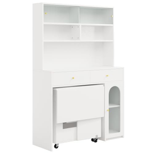 Set di mobili da cucina con tavolo da pranzo pieghevole, con vano portaoggetti, tavolo da bar su ruote, MDF bianco, 120 x 45 x 180 cm, per piccola cucina