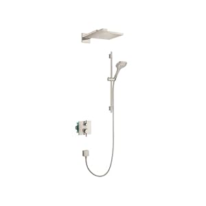 hansgrohe Raindance E Complete Shower System Shower Set 3-Spray PowderRain, Rain, and Massage Volume and Auto Temperature Control in Brushed Nickel, Rough and Shower Valve Included 2 GPM, 04914820