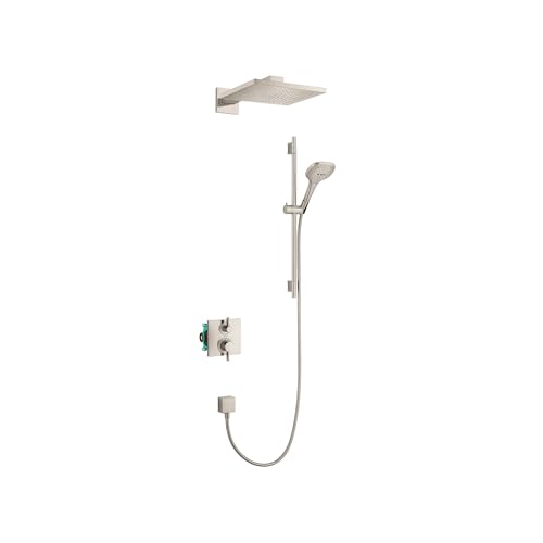 hansgrohe Raindance E Complete Shower System Shower Set Modern 3-Spray PowderRain, Rain, Full and Massage Volume and Auto Temperature Control in Brushed Nickel, Rough and Shower Valve Included 2 GPM