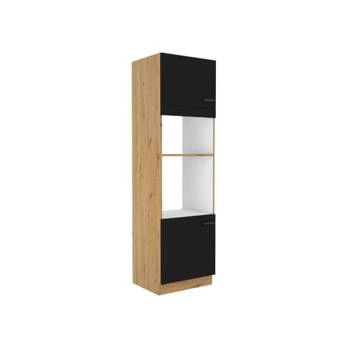 CUISINIER Colonne Four Micro-Ondes - Modena - 60 cm - 2 Portes - Chene Artisan et Noir Mat