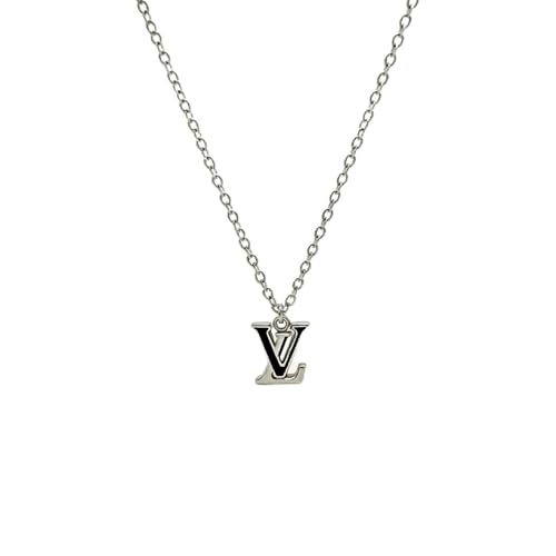doorammy V Initial Pendant Silver Chain Necklace, Curb Link Style with Black Enamel Detail, Adjustable Length Fashion Jewelry”