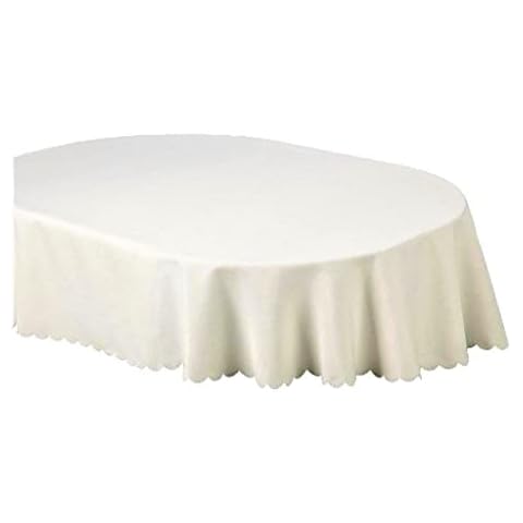 Shell 54 x 90 Inch (137 x 229cm) Oval Tablecloth. 8 Seater, Plain 100% Polyester Linen Look Weave and Scalloped edge. Stain Resistant, Non-Iron, Machine Washable Table Cloth (White (31796)) Cover