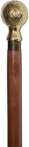 Canne de marche decorative poignee laiton et tige bois retro