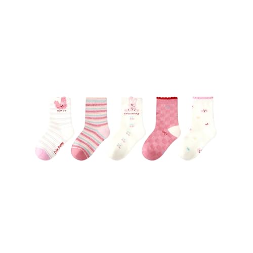 Girls Toddler Socks Mid-Calf Crew Socks White Stripes Ribbed Cuffs Rabbit Letter Embroidery Cute 5 Pairs 1-3 Years