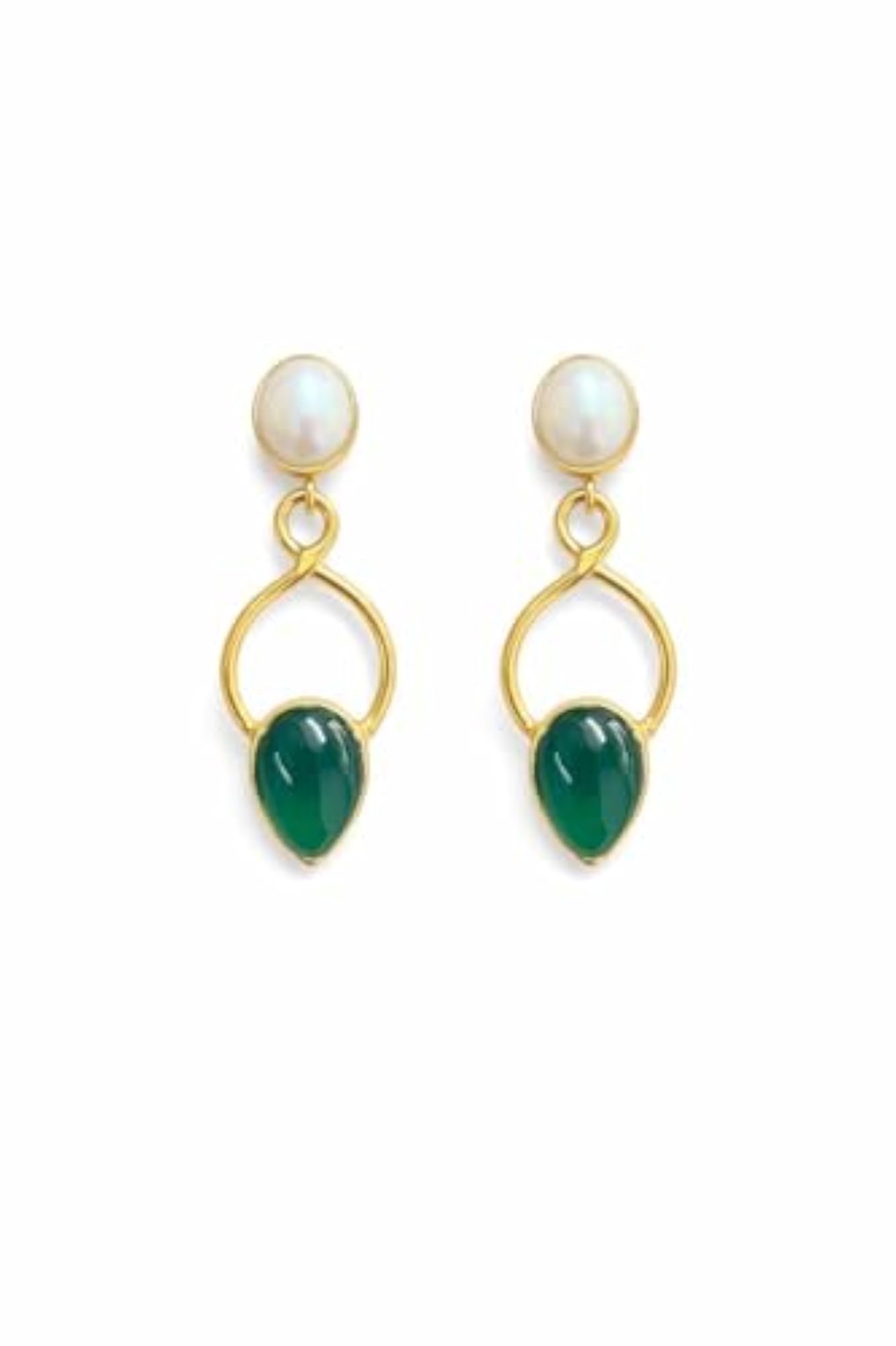 Gold Plated Drop Earrings with White Pearl Stud and Green Onyx Dangle