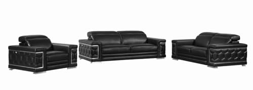 Blackjack Furniture Usry Top Grain Italian Leather Set with Multi-Position Adjustable Headrests, Elegant Contemporary Design with Chrome Trim and Durable Wood Frame, Chair, Loveseat, Sofa Set, Black
