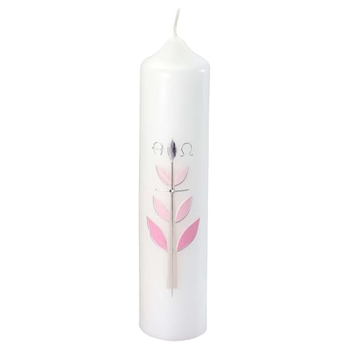 Christening Candle, Cross with Pink Leaves, 265x60 mm