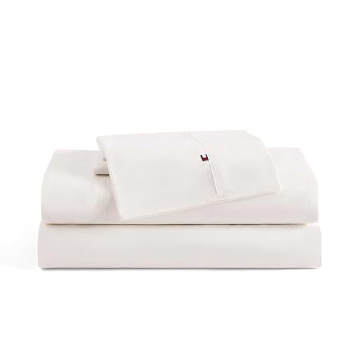 Tommy Hilfiger - Sheet Set, Cotton Washed Percale Bedding with Matching Pillowcases, Crisp & Cool, Solid Home Essentials (Ivory, Queen)