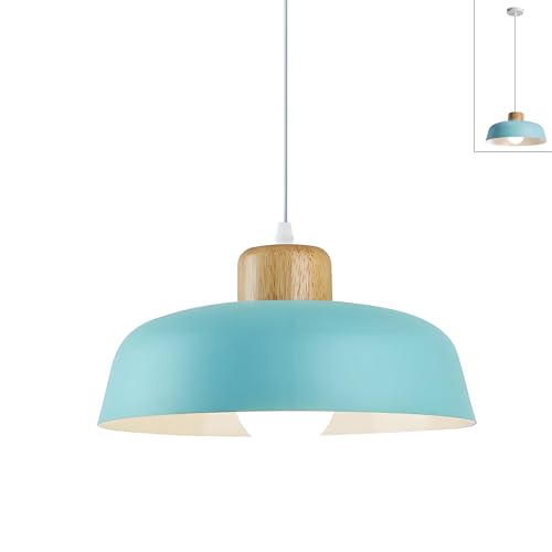 HJXDtech Lámpara Colgante con Redondo Pantalla de Hierro 30cm y Acabado de Madera en Color Macaron​​, ​​Grande Luz Colgante Moderna E27 ​​Para Salón, Cocina y Comedor​ (Azul)