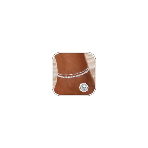 Diamday 925 Sterling Silver Ankle Bracelets for Women Silver Anklet Adjustable Women's Anklets Waterproof Dainty Layered Anklets Beaded Sparkling CZ Heart Pearl Beach Ankle Bracelets for Women B