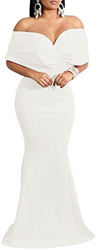 White Cocktail Dresses for Women Sexy Bodycon Off Shoulder Cocktail Floor Length Prom Long Dress with Zipper for Evening Party
