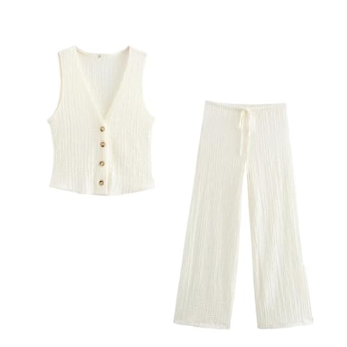 Women Textured 2 Pieces Sets Solid Vest and Trousers Office Lady Wide Leg Pants Set