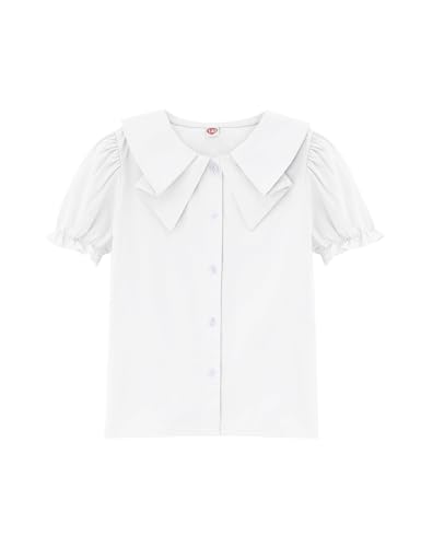 Girls Short Sleeve Peter Pan Blouse Puff Sleeve Button Down Shirt School Uniform Blouse 3-12 Years