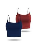 Amilia Women's Basic Solid Cami Spaghetti Double Layer Crop Tank Top (Burgundy&Navy, S)