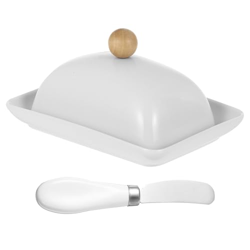 DECORNIJIA Mantequillera de Cerámica con Tapa Blanca Bandeja para Mantequilla de Tamaño Estándar Apta para Encimera y Refrigerador Resistente y Fácil de Limpiar para Uso Cocina Diaria