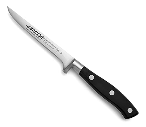 ARCOS Cuchillo deshuesador con Hoja de Acero Inoxidable Nitrum 130 mm, Cuchillo profesional para cortar huesos y carne, Mango ergonómico polipropileno, Serie Rivera, Color negro