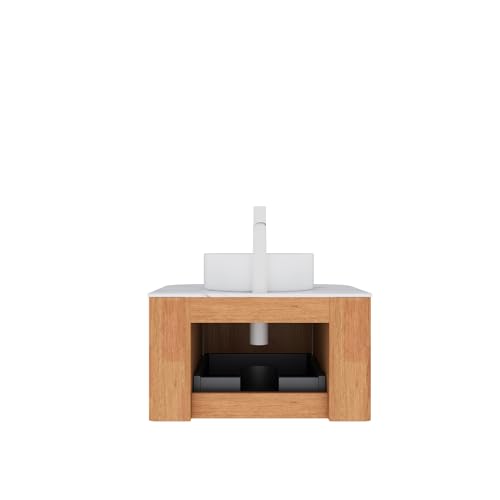 Image of KEIKI 24 inch Bathroom Vanity Cabinet with Sink Combo, Wall Mounted Curved Edges Striped Floating Bathroom Vanity with Soft-Close Drawer, White Round Ceramic Basin Without Faucet, Natural Wood