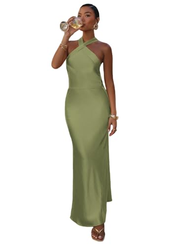 Cudiew Women's Satin Halter Bridesmaid Dresses for Wedding Guest Open Backless Formal Evening Long Silk Gowns