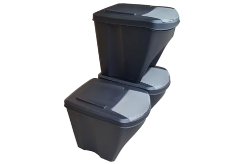 Stolmet Large Stackable Recycling Bins Set of 3x25L (Brand KrysGo) - Customizable Lids with Recycling Stickers - Waste Sorting for Home, Kitchen, Office (Black + Grey)