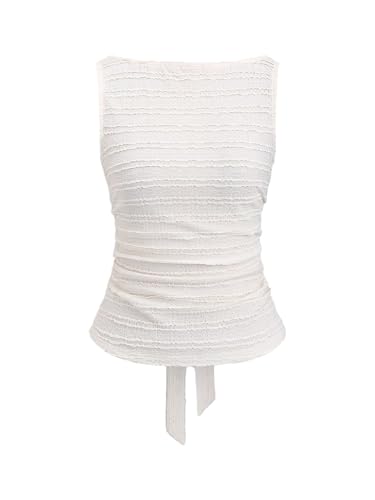 SHENHE Women's Summer Bow Tie Back Boat Neck Tank Top Textured Dressy Going Out Shirt Beige Medium