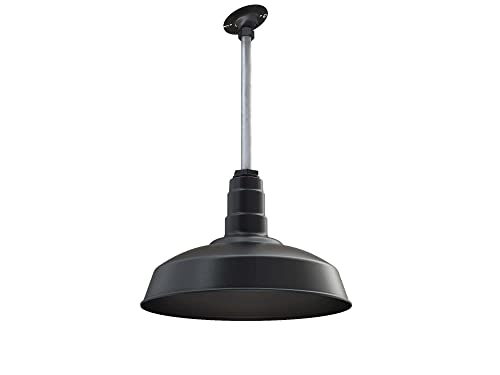 Image of Steel Lighting Co. Carson Barn Light | Ceiling Mounted Pendant | 16 inch Dome | 12 inch Sloped Stem | Industrial Style Steel Light Made in America | Matte Black Exterior /Matte Black Interior