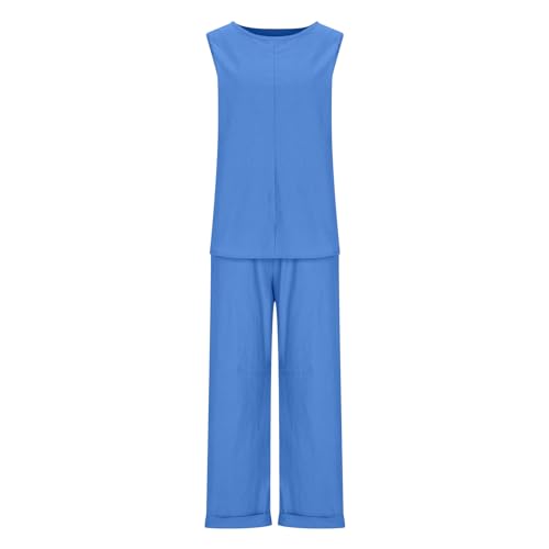 2 Piece Women Summer Lounge Cotton Linen Set Sleeveless Crew Neck Shirt Wide Leg Pants Set Travel Vacation Outfits4