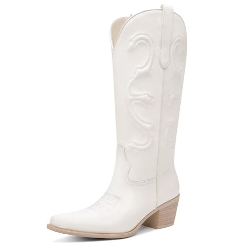 Cowboy Boots for Women Embroidered Mid Calf Chunky Block Heel Pull On Western Cowgirl Boots