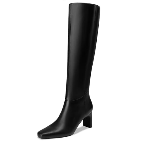 Athlefit Black Knee High Boots for Women Wide Calf Chunky Heel Tall Boots Square Toe Dress Winter Booties Size 8