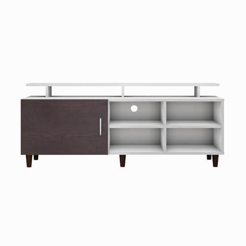 Image of VIKI Modern TV Unit for Living Room | Engineered Wood TV Cabinet with 1 Door Storage, 2 Open Shelves & Extension, Entertainment Unit, 140W x 48H x 40D cm | DIY | 1 Year Warranty (White & Wenge)