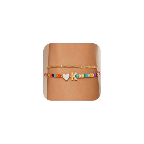 Colorful Initial Bracelets for Women Girls - 14K Gold Plated Heart Initial Letter Daint A-Z Charm Bracelet Summer Jewelry Teen Girl Gifts for Teen Kids